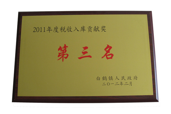 2011年稅收入庫貢獻(xiàn)獎(jiǎng)第三名